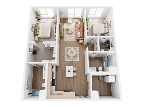 A top-down view of a small, well-organized apartment with a kitchen, living room, and bedroom.